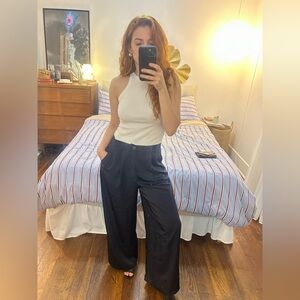 Navy blue satin wide-leg trousers by Kourt